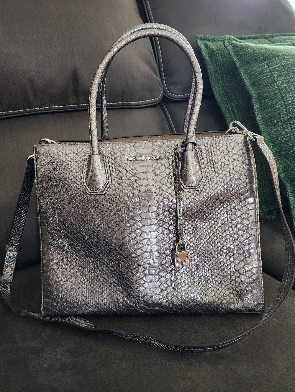 Michael Kors Metallic Silver Snake-Embossed Satchel/Crossbody